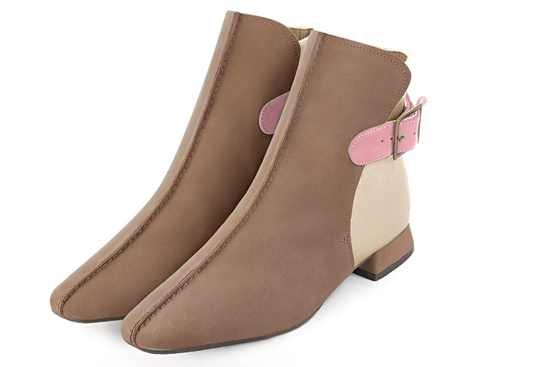 Biscuit beige, gold and carnation pink women's ankle boots with buckles at the back. Square toe. Flat flare heels. Front view - Florence KOOIJMAN